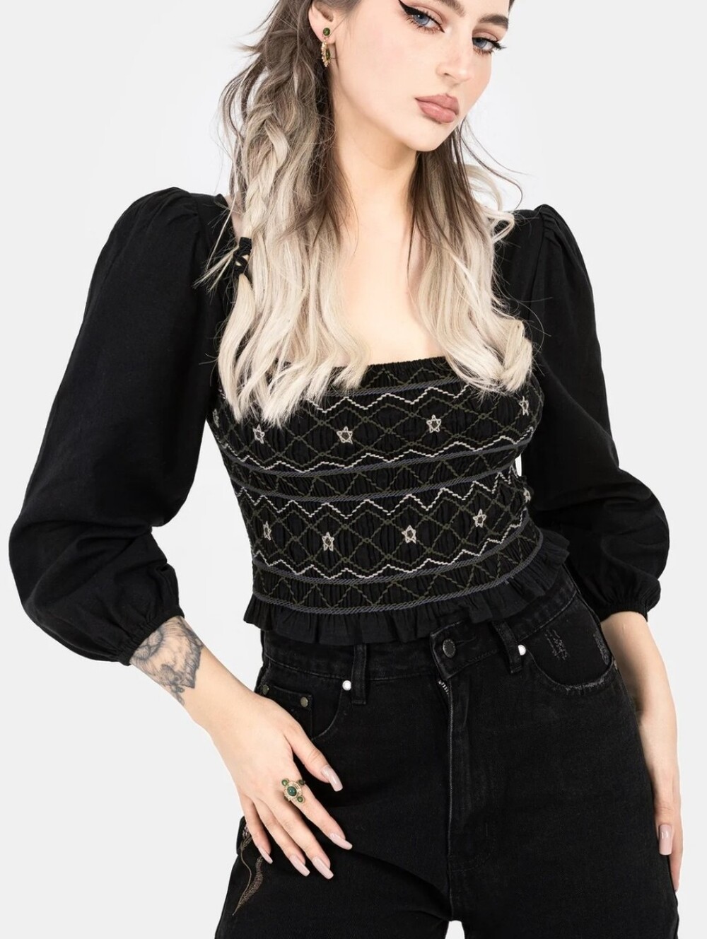 Disturbia Larissa Hand Embroidered Smocked Puff Sleeve Top Size 12